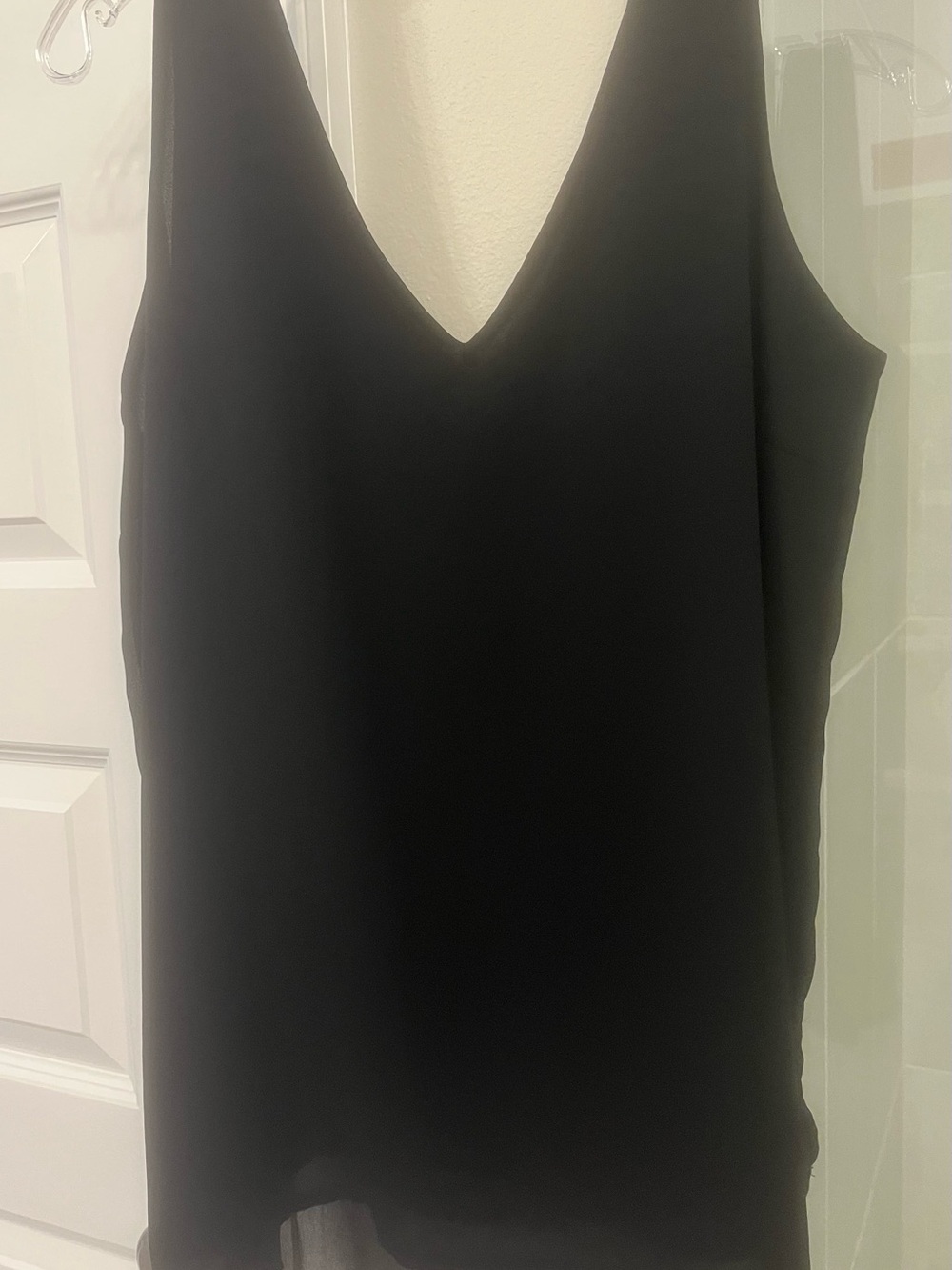 Black V-Neck Dressy Sleeveless Tank. Poly-silk fabric. Lined.